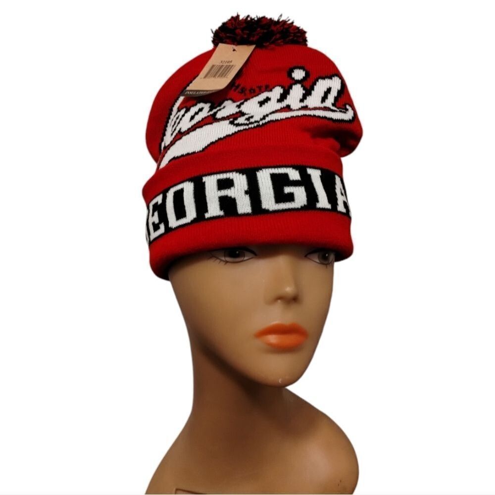 Georgia Knit Hat w/Pom Pom Red/Blk - Picture 4 of 6